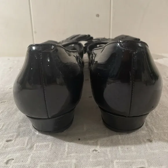 Yves Saint Laurent Black Flat Peep Toe Bow Flat Shoes