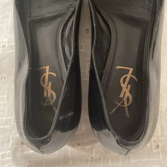 Yves Saint Laurent Black Flat Peep Toe Bow Flat Shoes