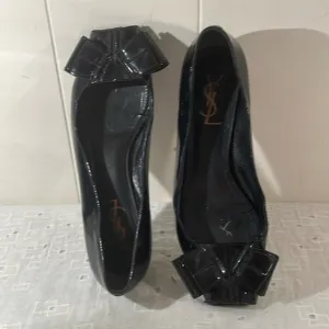 Yves Saint Laurent Black Flat Peep Toe Bow Flat Shoes