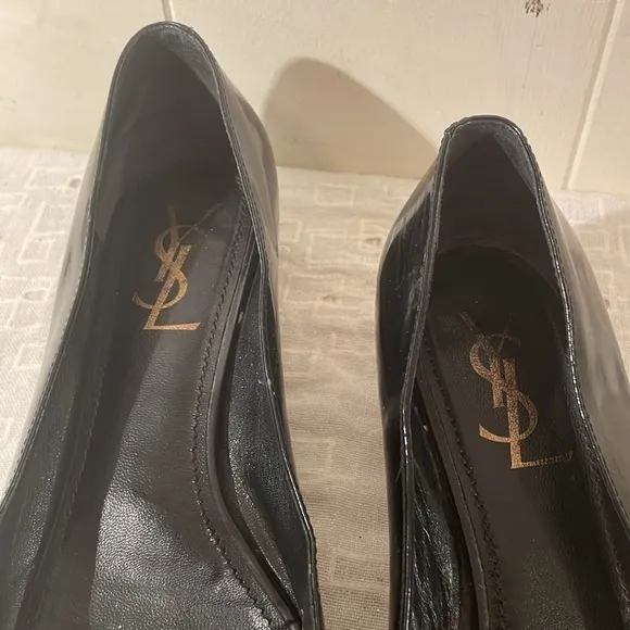 Yves Saint Laurent Black Flat Peep Toe Bow Flat Shoes
