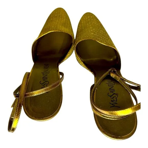 Yves Saint Laurent gold mesh pointed toe strappy sandal. Size 7.5
