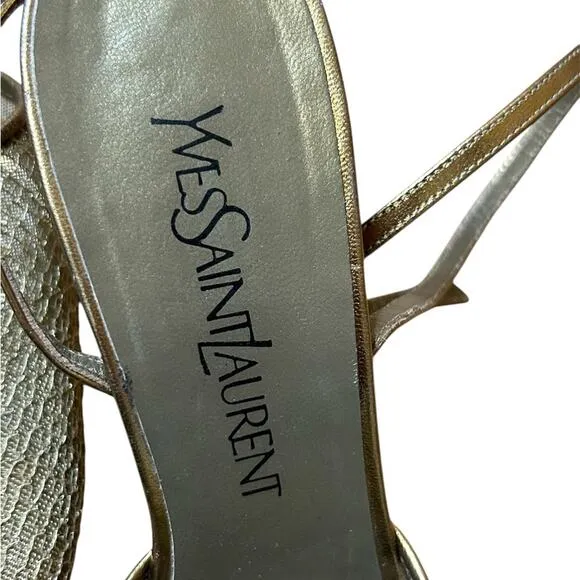 Yves Saint Laurent gold mesh pointed toe strappy sandal. Size 7.5