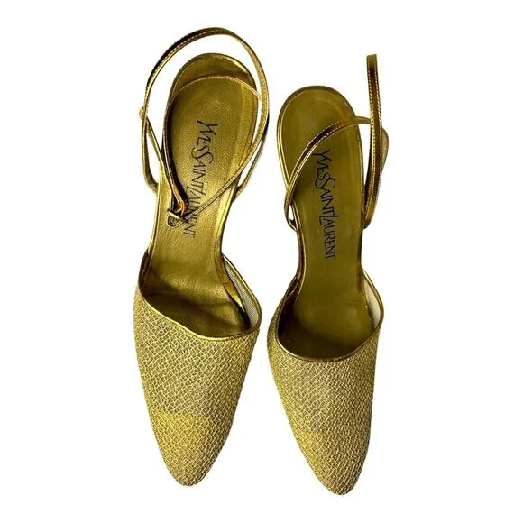 Yves Saint Laurent gold mesh pointed toe strappy sandal. Size 7.5