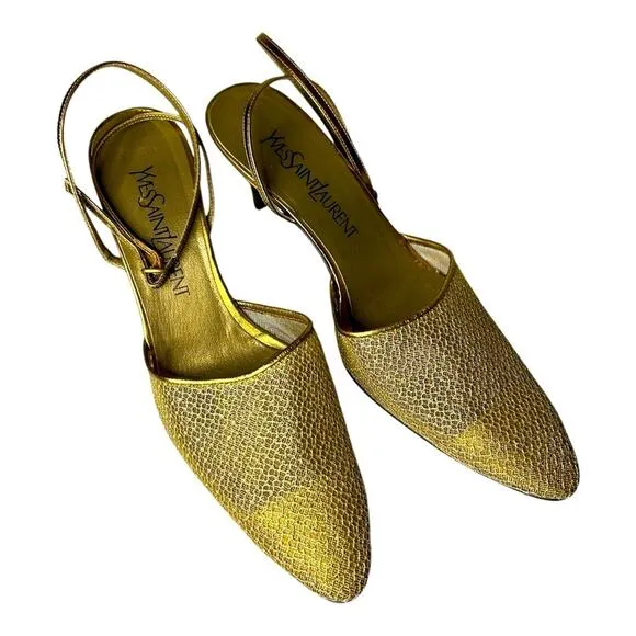 Yves Saint Laurent gold mesh pointed toe strappy sandal. Size 7.5