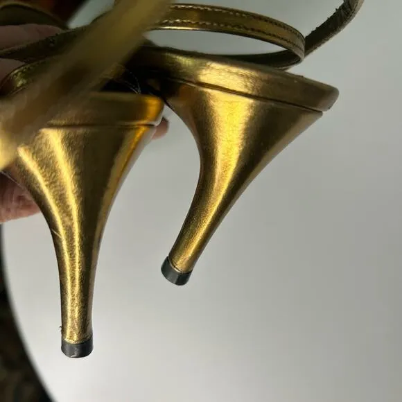Yves Saint Laurent gold mesh pointed toe strappy sandal. Size 7.5