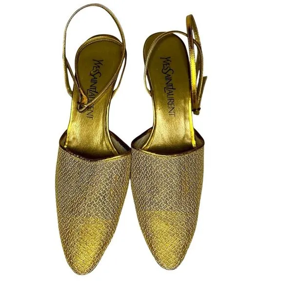 Yves Saint Laurent gold mesh pointed toe strappy sandal. Size 7.5
