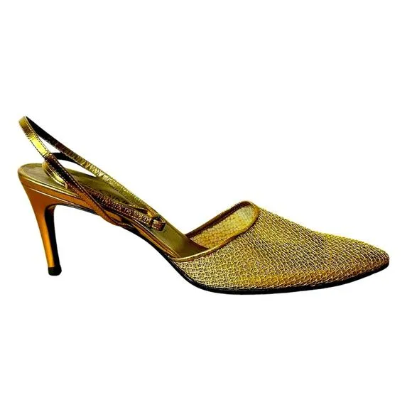 Yves Saint Laurent gold mesh pointed toe strappy sandal. Size 7.5