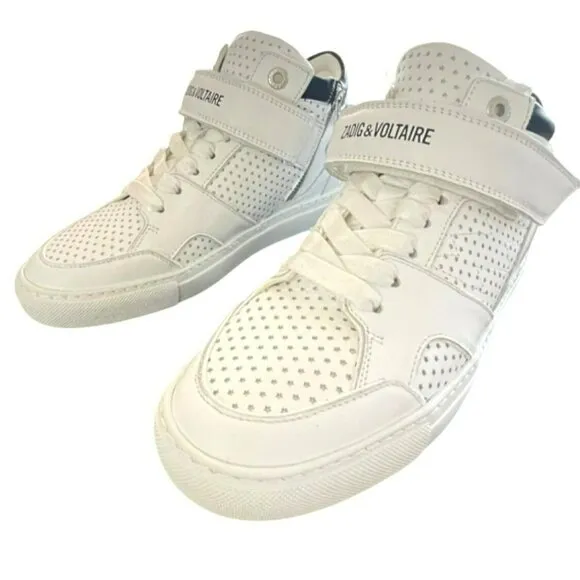 Zadig &amp; Voltaire Womens Leather Mid Top White Sneaker Shoes Logo NEW 38 7