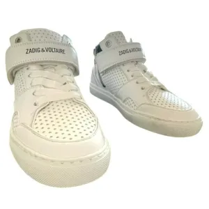 Zadig &amp; Voltaire Womens Leather Mid Top White Sneaker Shoes Logo NEW 38 7