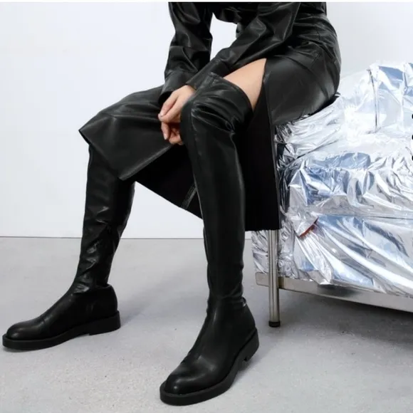 Zara Black over the knee boots flat low heel Sz42