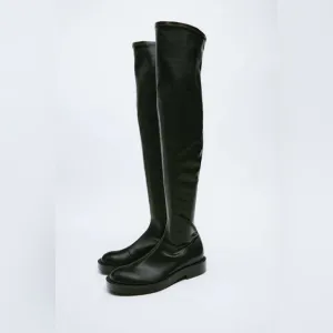 Zara Black over the knee boots flat low heel Sz42