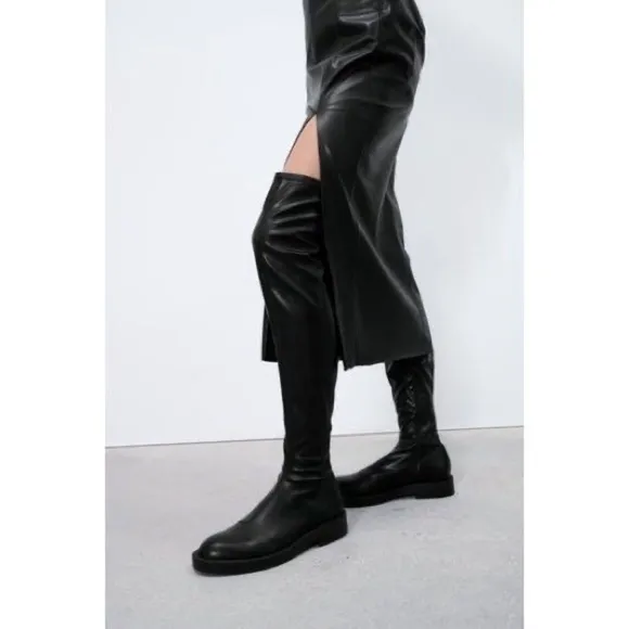 Zara Black over the knee boots flat low heel Sz42