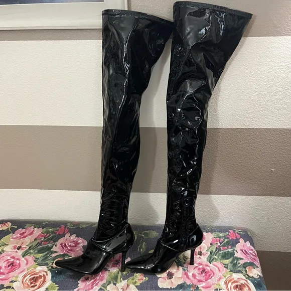 Zara Black Patent Over the Knee Boots with Stiletto Heel size 37