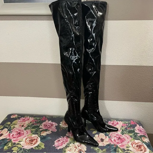 Zara Black Patent Over the Knee Boots with Stiletto Heel size 37