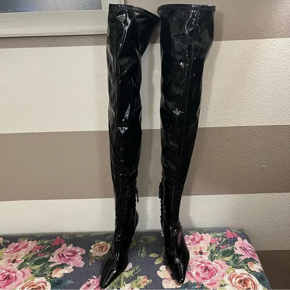 Zara Black Patent Over the Knee Boots with Stiletto Heel size 37