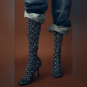 Zara Black Rhinestone Knee-High Boots- Brand New- Size 40- (9)