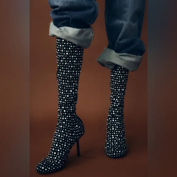Zara Black Rhinestone Knee-High Boots- Brand New- Size 40- (9)