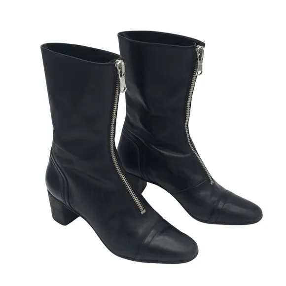 Zara Black Soft Leather Front Zippered Heeled Calf Boots size 10