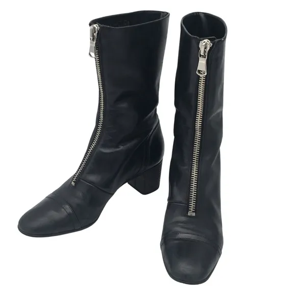 Zara Black Soft Leather Front Zippered Heeled Calf Boots size 10