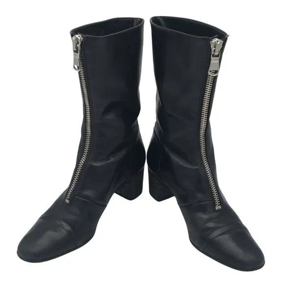 Zara Black Soft Leather Front Zippered Heeled Calf Boots size 10