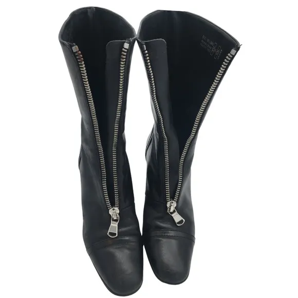 Zara Black Soft Leather Front Zippered Heeled Calf Boots size 10
