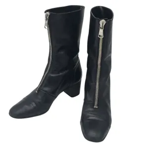Zara Black Soft Leather Front Zippered Heeled Calf Boots size 10