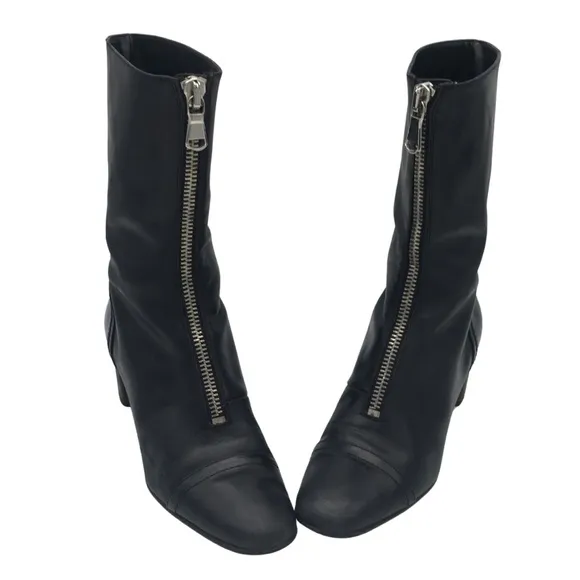 Zara Black Soft Leather Front Zippered Heeled Calf Boots size 10