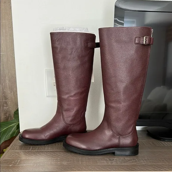 Zara BUCKLED LEATHER FLAT BOOTS LEATHER BURGUNDY 39 8 1017/410
