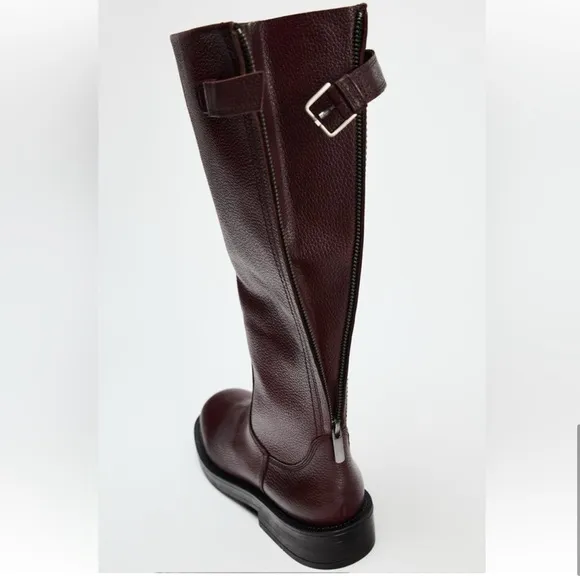 Zara BUCKLED LEATHER FLAT BOOTS LEATHER BURGUNDY 39 8 1017/410