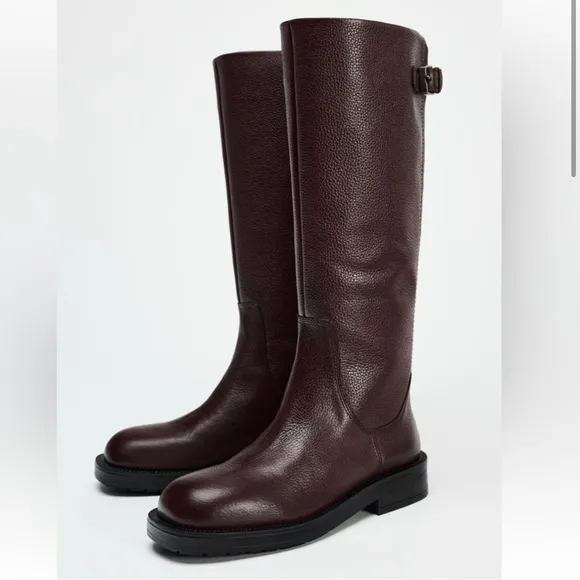 Zara BUCKLED LEATHER FLAT BOOTS LEATHER BURGUNDY 39 8 1017/410