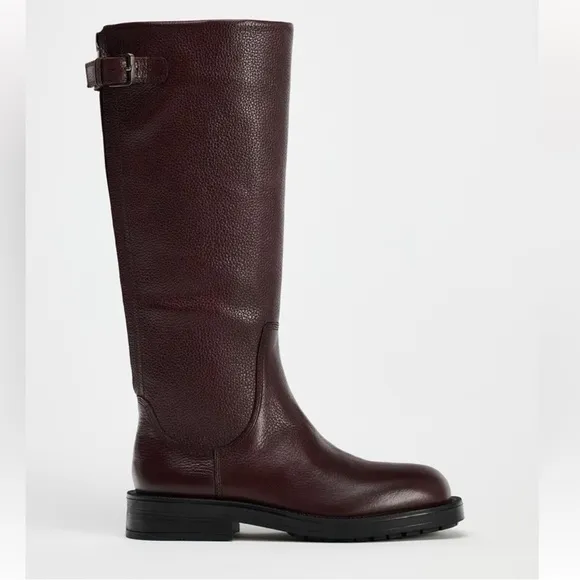 Zara BUCKLED LEATHER FLAT BOOTS LEATHER BURGUNDY 39 8 1017/410