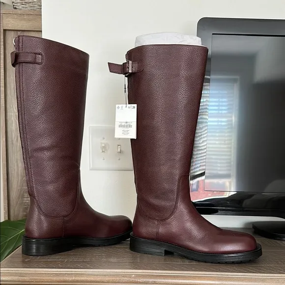 Zara BUCKLED LEATHER FLAT BOOTS LEATHER BURGUNDY 39 8 1017/410