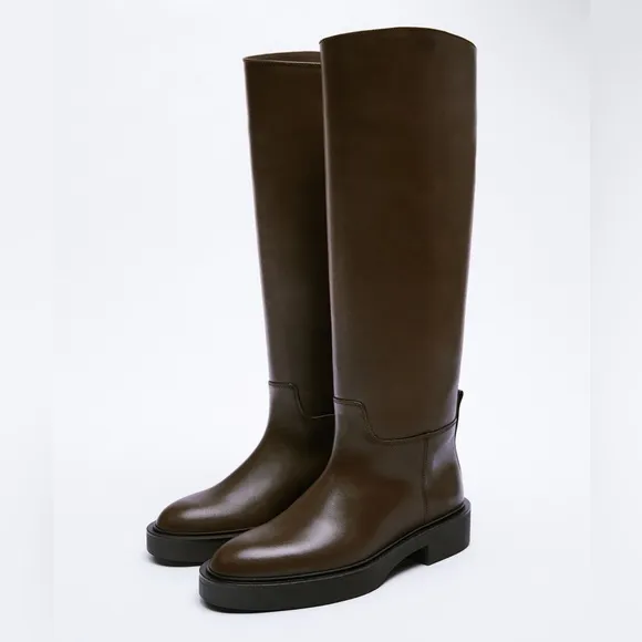 Zara - Flat Dark Brown Knee High Riding Boots