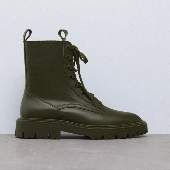 Zara green LEATHER LACE-UP FLATANKLE BOOTS