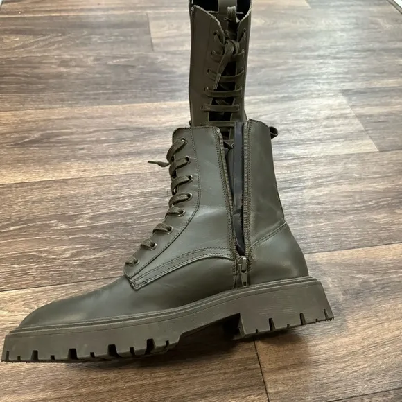 Zara green LEATHER LACE-UP FLATANKLE BOOTS