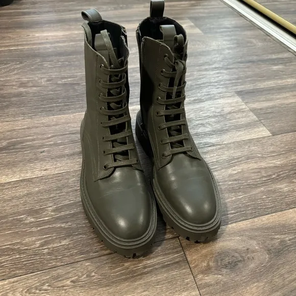 Zara green LEATHER LACE-UP FLATANKLE BOOTS