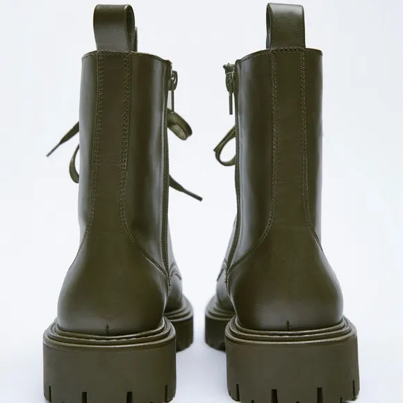 Zara green LEATHER LACE-UP FLATANKLE BOOTS