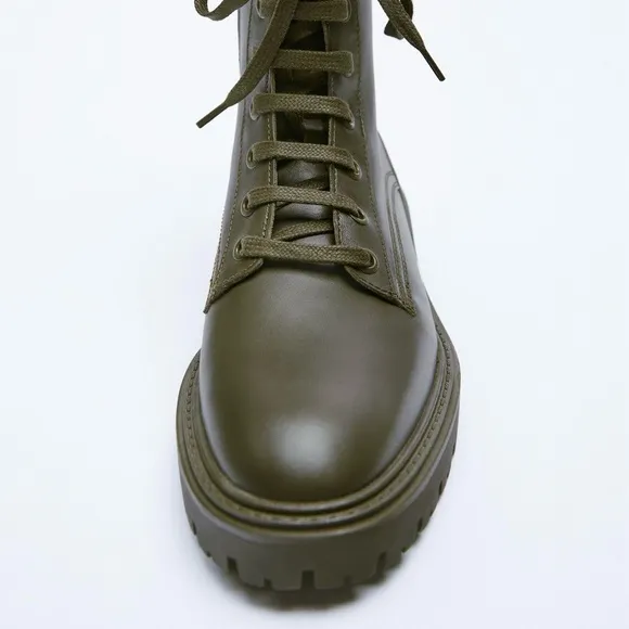 Zara green LEATHER LACE-UP FLATANKLE BOOTS