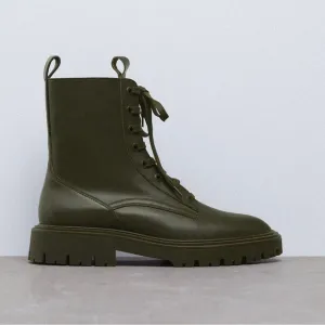 Zara green LEATHER LACE-UP FLATANKLE BOOTS