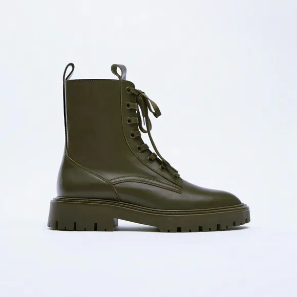 Zara green LEATHER LACE-UP FLATANKLE BOOTS