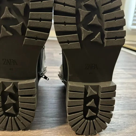 Zara green LEATHER LACE-UP FLATANKLE BOOTS