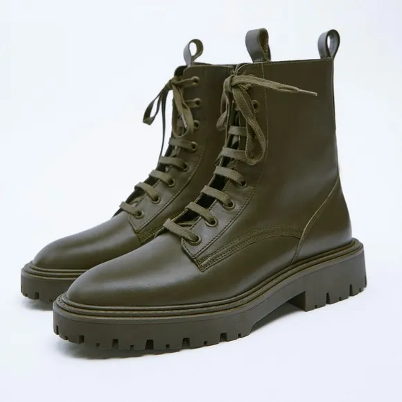 Zara green LEATHER LACE-UP FLATANKLE BOOTS