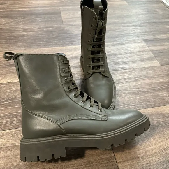 Zara green LEATHER LACE-UP FLATANKLE BOOTS