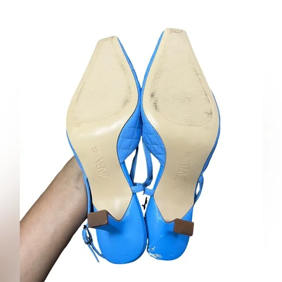 Zara Leather Quilted Heeled Slingback Shoes Size 38
