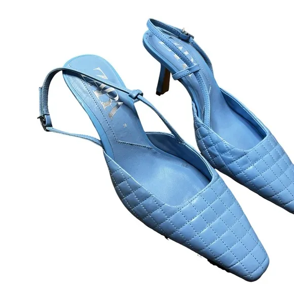Zara Leather Quilted Heeled Slingback Shoes Size 38
