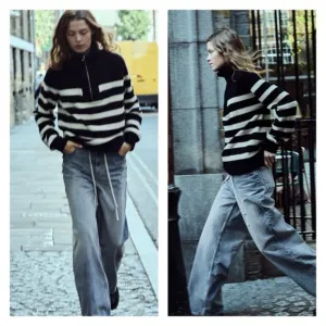 ZARA Navy Blue White Striped 1/4 Zip Oversized Knit Sweater XL NEW Blogger