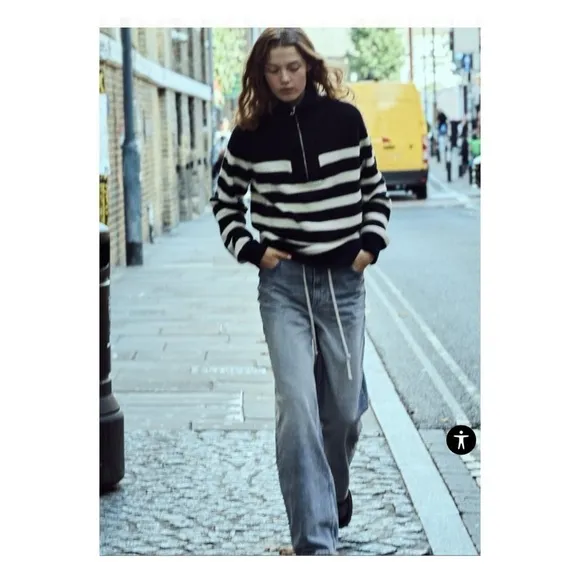 ZARA Navy Blue White Striped 1/4 Zip Oversized Knit Sweater XL NEW Blogger