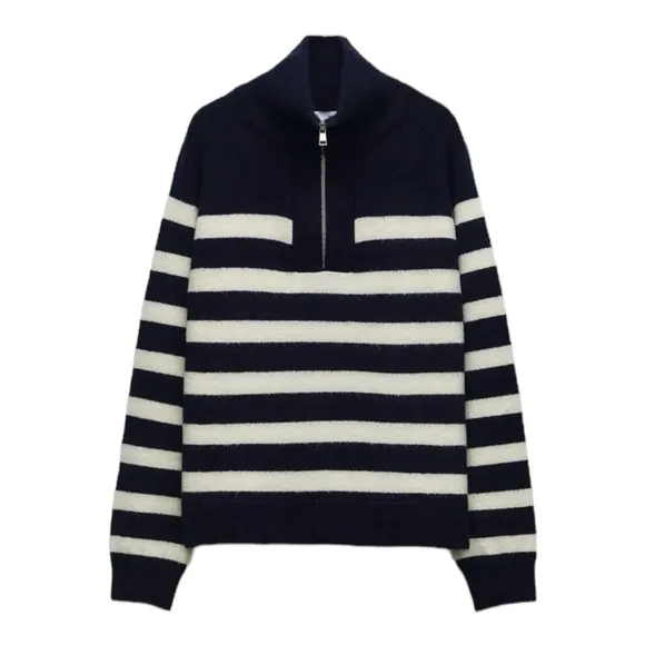ZARA Navy Blue White Striped 1/4 Zip Oversized Knit Sweater XL NEW Blogger