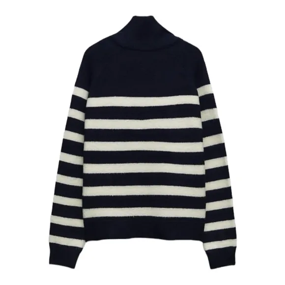 ZARA Navy Blue White Striped 1/4 Zip Oversized Knit Sweater XL NEW Blogger