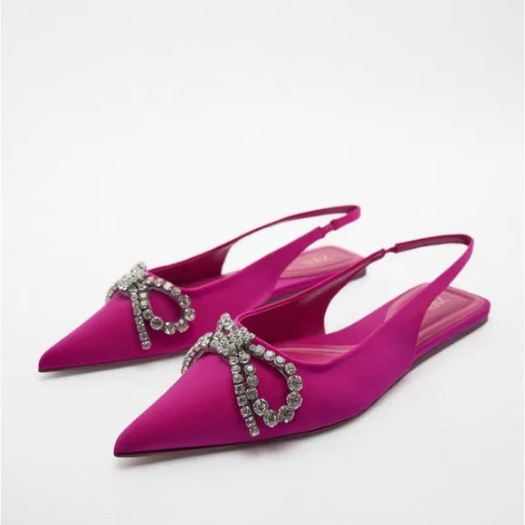 ZARA Rhinestone EMBELLISHED BOW FLAT MULES Sandals shoes